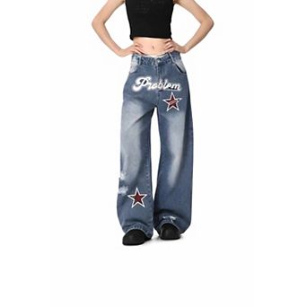 Women Relaxed Fit Patch Denim Pants