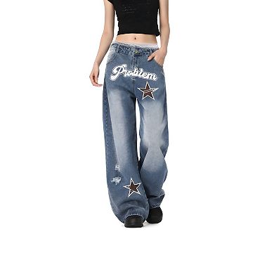 Women Relaxed Fit Patch Denim Pants