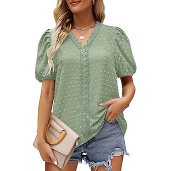 Women's Elegant Short Sleeve Bouse Swiss Dot Lace Trim Top for Casual Work Office