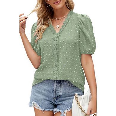 Women's Elegant Short Sleeve Bouse Swiss Dot Lace Trim Top for Casual Work Office