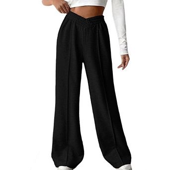 Womens High Waisted Wide Leg Sweatpants Loose Crossover Waist Soft Yoga Bottoms Pants