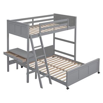 Pnronnc 2-in-1 Loft Bed with Under Rolling Platform Bed and Desk, Wooden Frame Bunk Bed