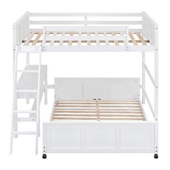 Pnronnc 2-in-1 Loft Bed with Under Rolling Platform Bed and Desk, Wooden Frame Bunk Bed
