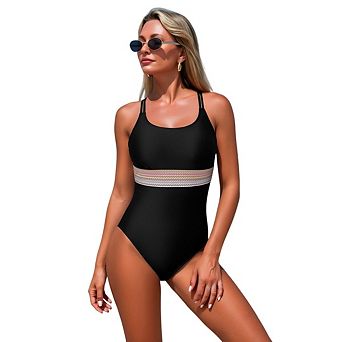 Women One Piece Swimsuits Color Block V Neck Bathing Suit Drawstring Swimwear