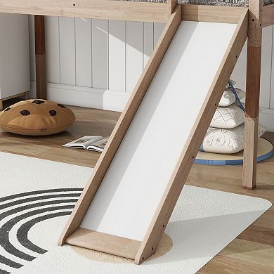Pnronnc Twin Size Kid Low Loft Bed with Slide and Ladder, Toddler Low Loft Bed Frame
