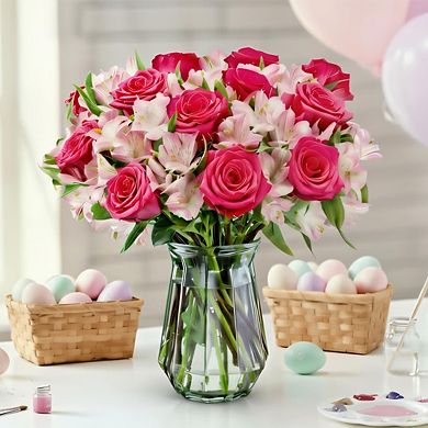 Roses Alstroemeria Vase Fresh Flowers Gift Bouquet