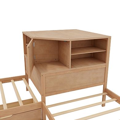 Pnronnc 3-in-1 Corner Captains Daybed Built-in Desk, Downlight, Trundle & Drawer, Twin Platform Bed