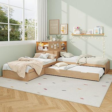 Pnronnc 3-in-1 Corner Captains Daybed Built-in Desk, Downlight, Trundle & Drawer, Twin Platform Bed