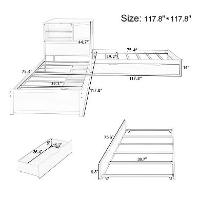 Pnronnc 3-in-1 Corner Captains Daybed Built-in Desk, Downlight, Trundle & Drawer, Twin Platform Bed