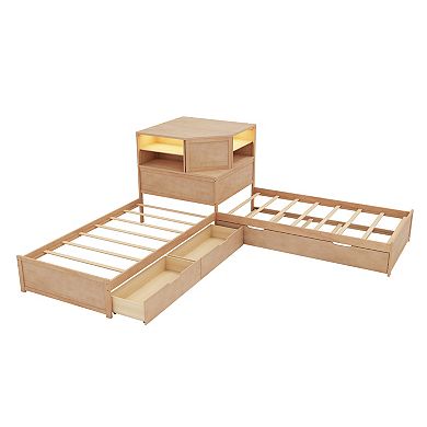 Pnronnc 3-in-1 Corner Captains Daybed Built-in Desk, Downlight, Trundle & Drawer, Twin Platform Bed