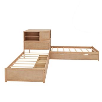 Pnronnc 3-in-1 Corner Captains Daybed Built-in Desk, Downlight, Trundle & Drawer, Twin Platform Bed