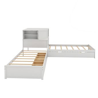 Pnronnc 3-in-1 Corner Captains Daybed Built-in Desk, Downlight, Trundle & Drawer, Twin Platform Bed