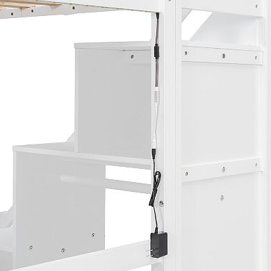 Pnronnc Space-Saving Loft Bed Wooden Storage Bed Frame with 2 Chest of Drawers, Desk and Light