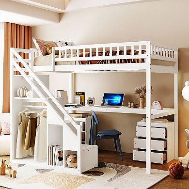 Pnronnc Space-Saving Loft Bed Wooden Storage Bed Frame with 2 Chest of Drawers, Desk and Light