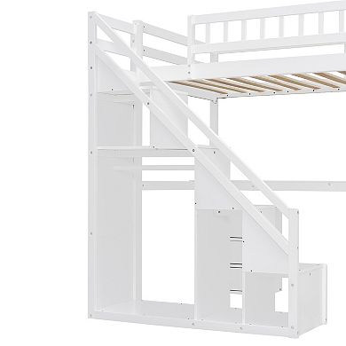 Pnronnc Space-Saving Loft Bed Wooden Storage Bed Frame with 2 Chest of Drawers, Desk and Light