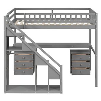 Pnronnc Space-Saving Loft Bed Wooden Storage Bed Frame with 2 Chest of Drawers, Desk and Light