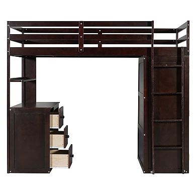 Pnronnc Modern Loft Bed Twin Size Wood Loft Bed with Drawers, Desk and Wardrobe