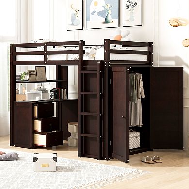 Pnronnc Modern Loft Bed Twin Size Wood Loft Bed with Drawers, Desk and Wardrobe