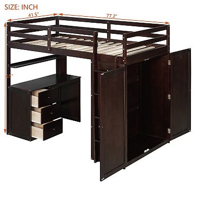 Pnronnc Modern Loft Bed Twin Size Wood Loft Bed with Drawers, Desk and Wardrobe