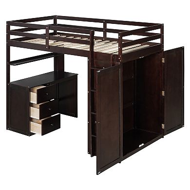 Pnronnc Modern Loft Bed Twin Size Wood Loft Bed with Drawers, Desk and Wardrobe