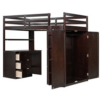 Pnronnc Modern Loft Bed Twin Size Wood Loft Bed with Drawers, Desk and Wardrobe