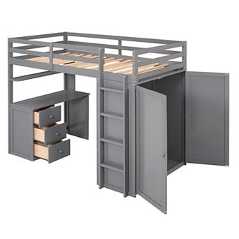 Pnronnc Modern Loft Bed Twin Size Wood Loft Bed with Drawers, Desk and Wardrobe