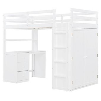 Pnronnc Modern Loft Bed Twin Size Wood Loft Bed with Drawers, Desk and Wardrobe