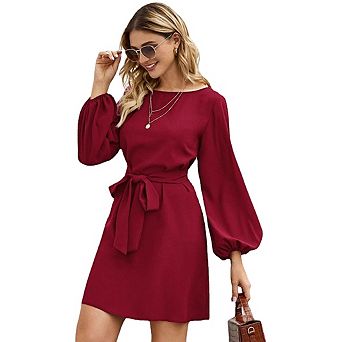 Women's Boat Neck Lantern Sleeve A-Line Mini Dress, Belted High Waist Casual Office Dress