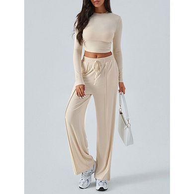 Women 2 Piece Sets Outfits Long Sleeve Crop Top Drawstring Wide Leg Pants Matching Lounge Sets