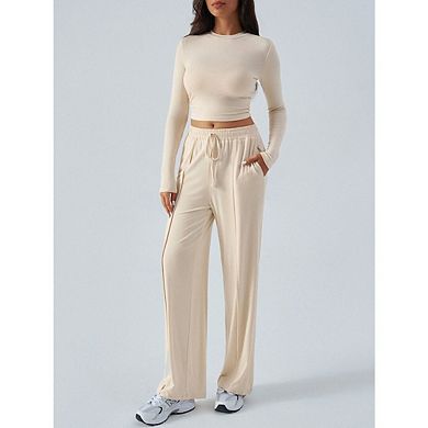 Women 2 Piece Sets Outfits Long Sleeve Crop Top Drawstring Wide Leg Pants Matching Lounge Sets