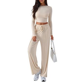 Women 2 pc Sets Outfits Long Sleeve Crop Top Drawstring Wide Leg Pants Matching Lounge Sets