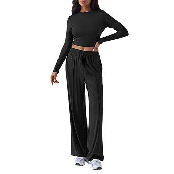 Women 2 pc Sets Outfits Long Sleeve Crop Top Drawstring Wide Leg Pants Matching Lounge Sets