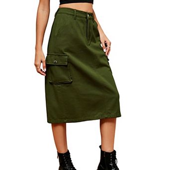 Women's Washed Denim Cargo Midi Skirt, High Waist Zipper Pocket Casual Jean Skirt