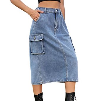 Women's Washed Denim Cargo Midi Skirt, High Waist Zipper Pocket Casual Jean Skirt