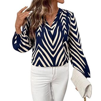 Women's V Neck Office Top Long Sleeve Casual Dressy Stripe Loose Fit Formal Blouse