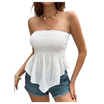 Women's Strappy Cami Tank Smocked Tube Tops Sleeveless Ruffle Hem Peplum Bandeau Style