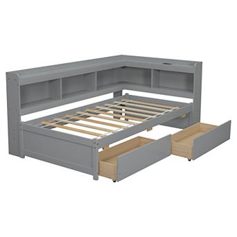Pnronnc L-shaped Bookcases Bed Storage Bed with 2 Drawers, Power Outlets and USB Charging Ports