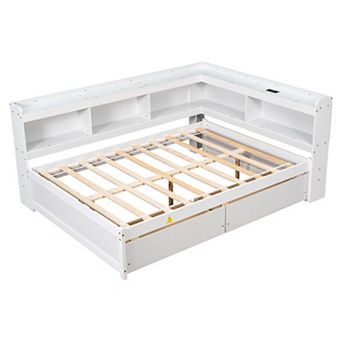 Pnronnc L-shaped Bookcases Bed Storage Bed with 2 Drawers, Power Outlets and USB Charging Ports