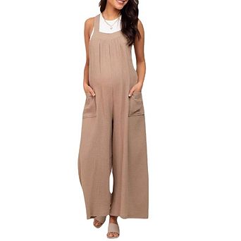 Womens Maternity Boho Overalls with Pockets Casual Loose Jumpsuits Wide Leg Rompers Sleeveless