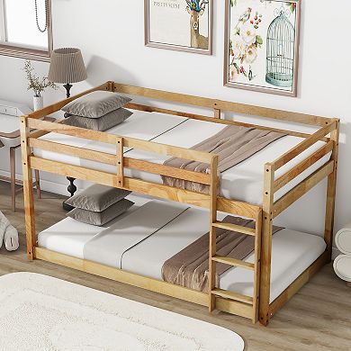 Pnronnc Kids Low Twin Over Twin Floor Bunk Bed with Ladder