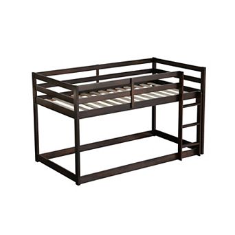 Pnronnc Kids Low Twin Over Twin Floor Bunk Bed with Ladder