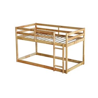 Pnronnc Kids Low Twin Over Twin Floor Bunk Bed with Ladder