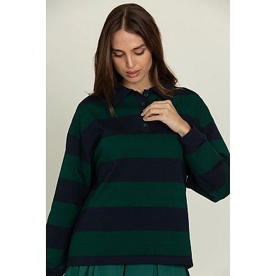 Women Striped Oversized Sweatshirt Button Collared Long Sleeve Pullover Top