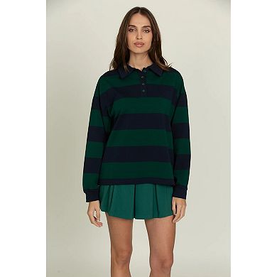 Women Striped Oversized Sweatshirt Button Collared Long Sleeve Pullover Top