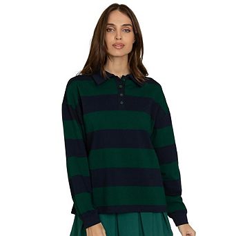 Women Striped Oversized Sweatshirt Button Collared Long Sleeve Pullover Top