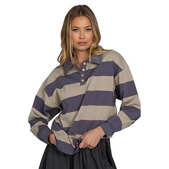 Women Striped Oversized Sweatshirt Button Collared Long Sleeve Pullover Top