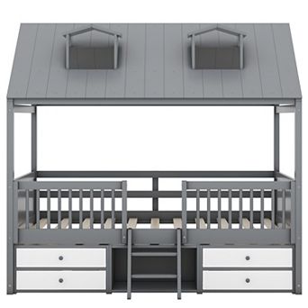 Pnronnc Wood House Bed Frame Daybed Low Profile Loft Bed with 4 Drawer, 2 Window Design and Stairs