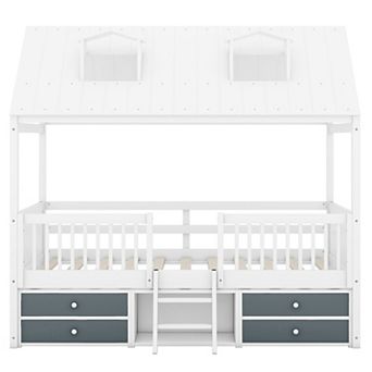 Pnronnc Wood House Bed Frame Daybed Low Profile Loft Bed with 4 Drawer, 2 Window Design and Stairs
