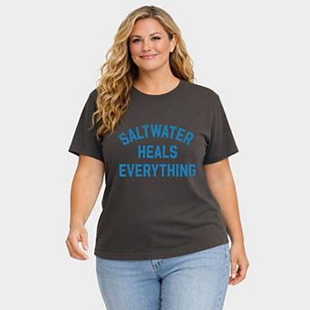 Saltwater Heals Everything Arched - Women's Plus Sized Garment Dyed Graphic T-Shirt