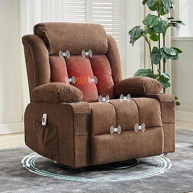 360 Swivel Rocker Recliner Chair Heated Massage USB Charging Cup Holders Pockets